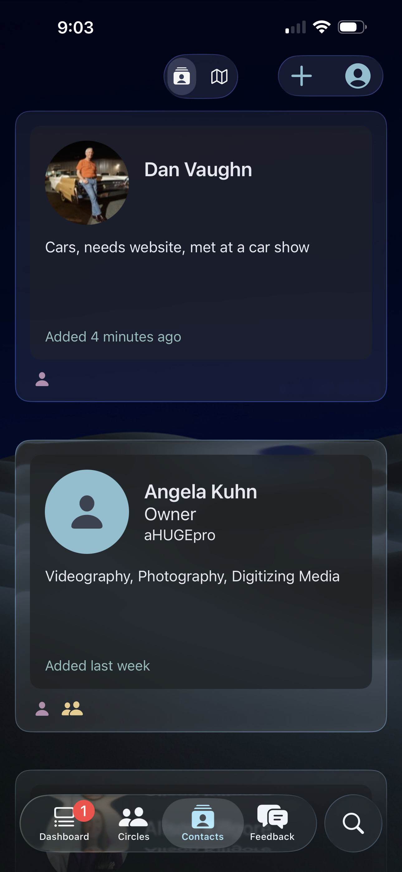 ConnectR app showing contacts list