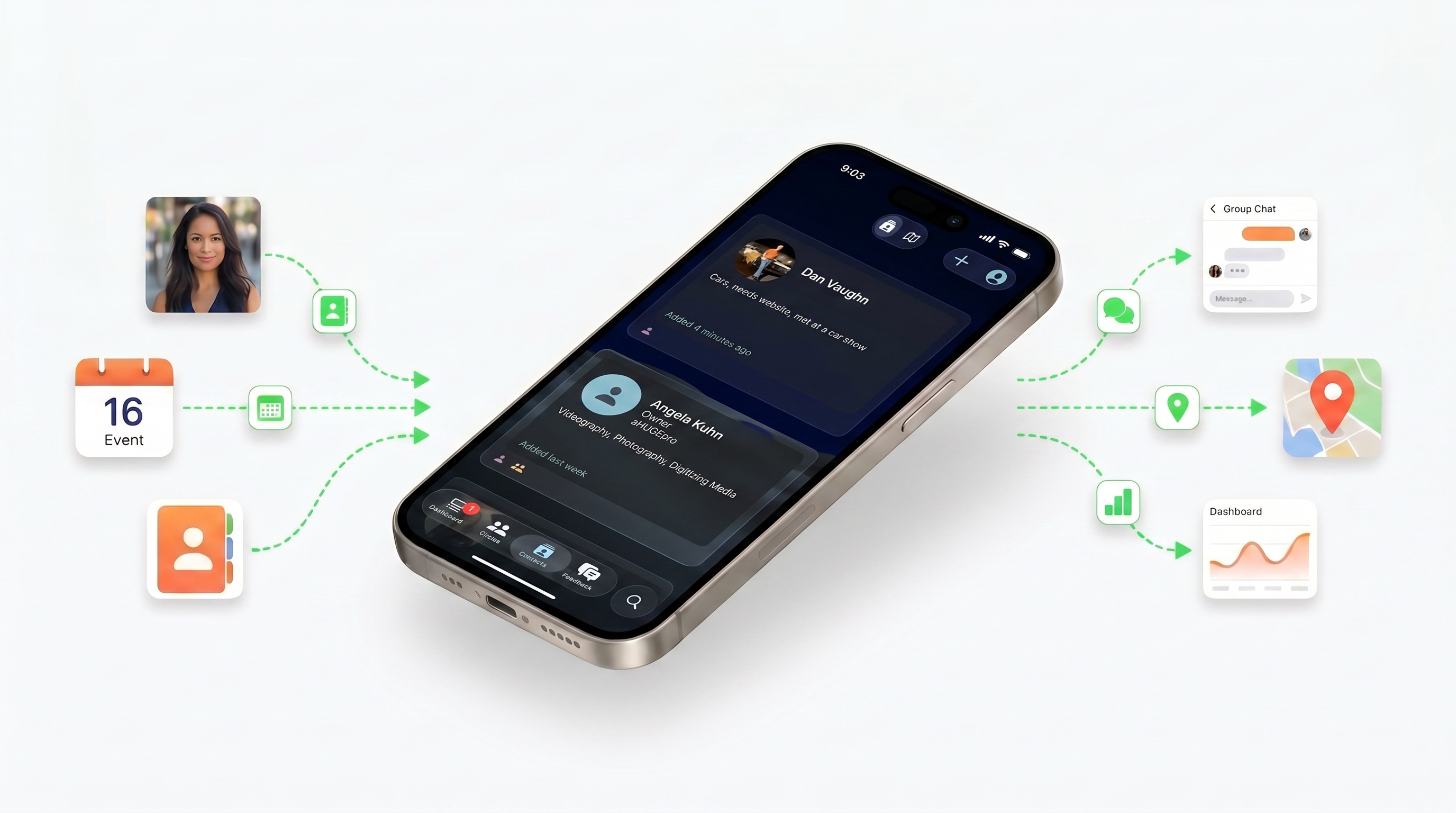 ConnectR app showing contacts with integrations