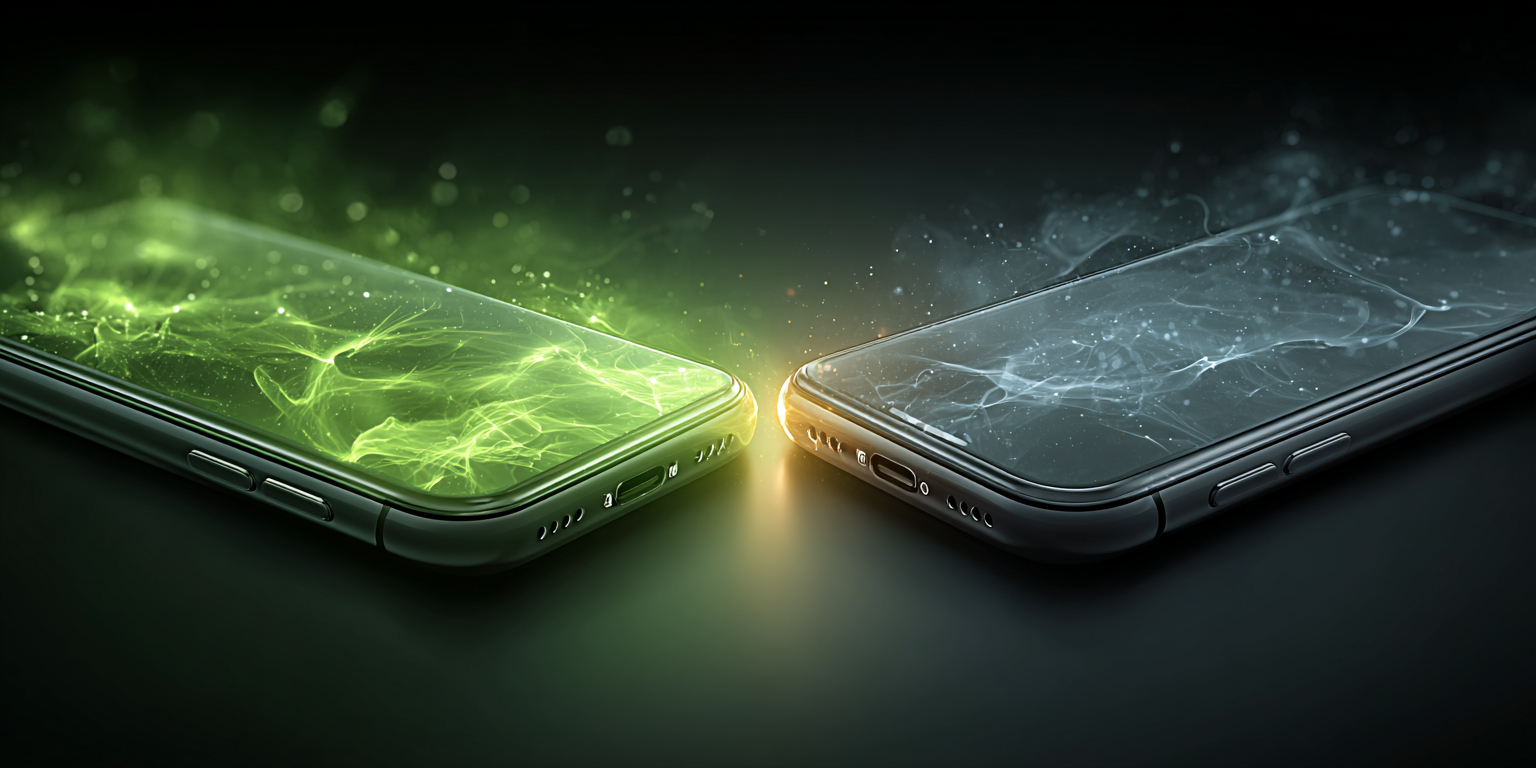 Two phones with energy connection symbolizing human connections